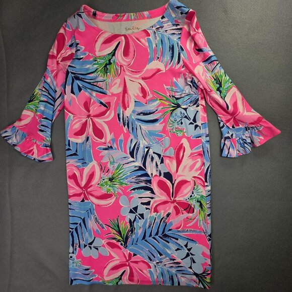 Lilly Pulitzer Dress Girls XL 12-14 Pink Blue Floral Ruffle Long Sleeve Party - Picture 1 of 8